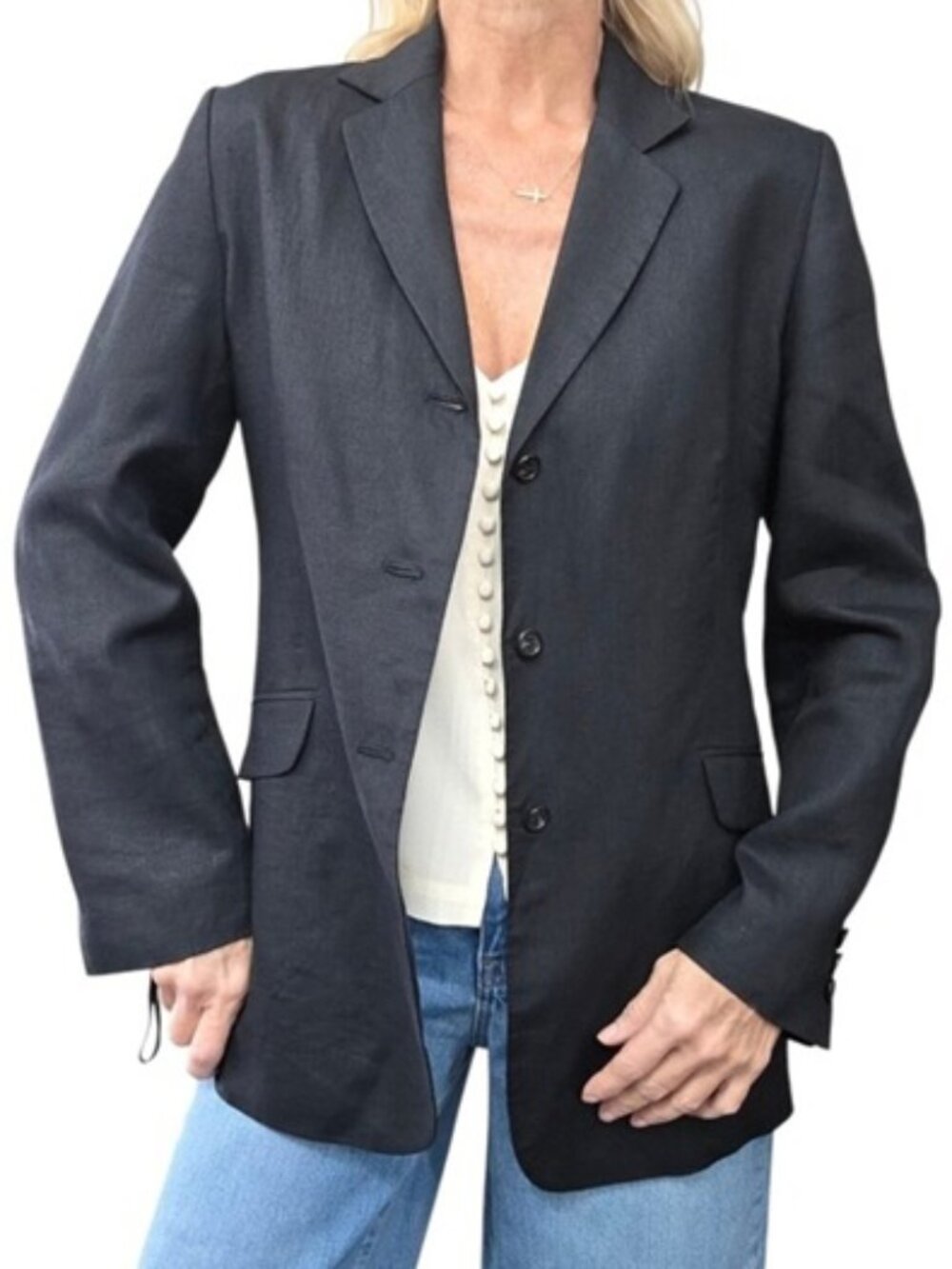 SPECCIO 100% Linen Black Fitted Blazer Structured Tailored Jacket Japan